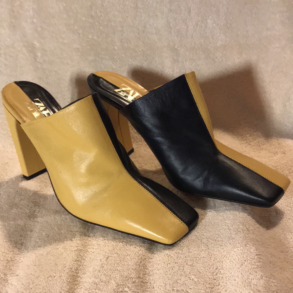 Zara Women Mule Shoes Two Toned Square Toe Size 9M Black & Yellow Leather #2240